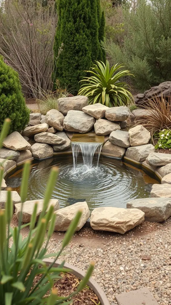 A tranquil pond with a fountain surrounded by natural stones and plants.