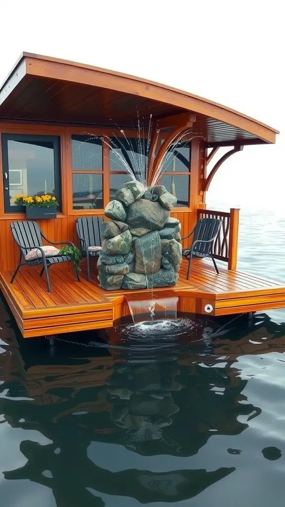19 Stunning Floating Deck Plans You'll Love 17 A wooden floating deck with a rock fountain and two chairs, surrounded by water.