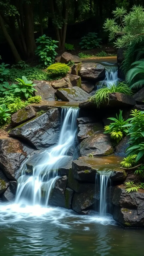 21 Creative Ideas for Designing a Sloped Backyard 7 A serene waterfall flowing over rocks surrounded by lush greenery in a sloped backyard.