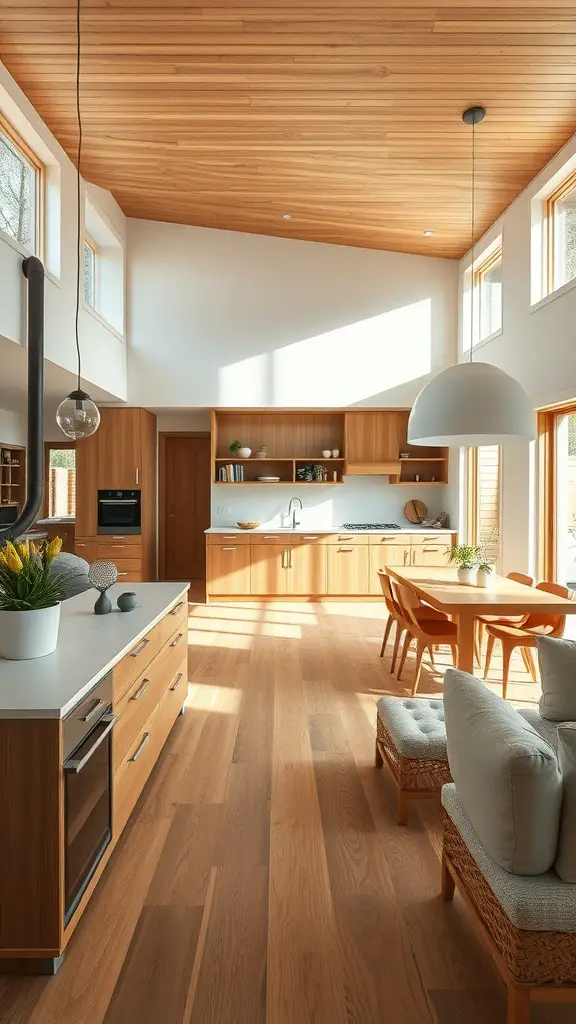 35 Must-Have Wooden Kitchen Essentials for Every Home Chef 25 An open concept kitchen featuring wooden cabinetry, flooring, and a high wooden ceiling with large windows.