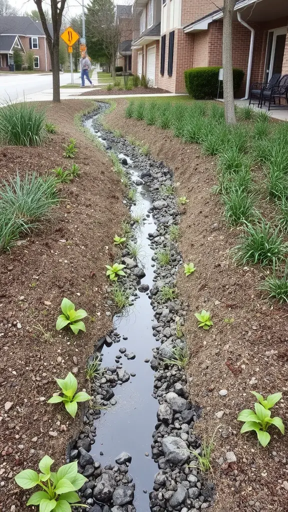 A landscaped drainage swale with plants and stones, designed to manage water flow.