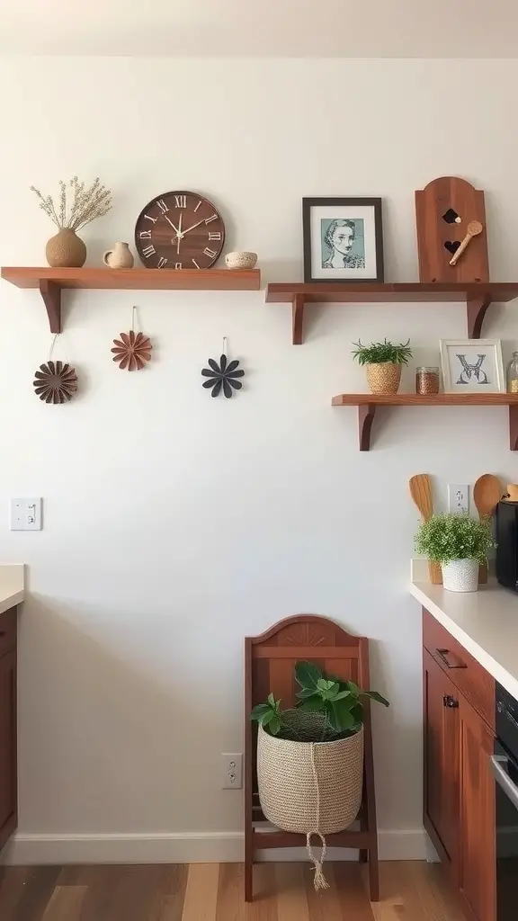 35 Must-Have Wooden Kitchen Essentials for Every Home Chef 22 A kitchen wall featuring wooden shelves with decor items, a clock, and a plant in a basket.