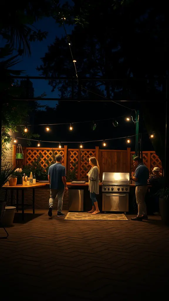 A cozy backyard kitchen lit up with string lights, featuring people gathered around a grill.