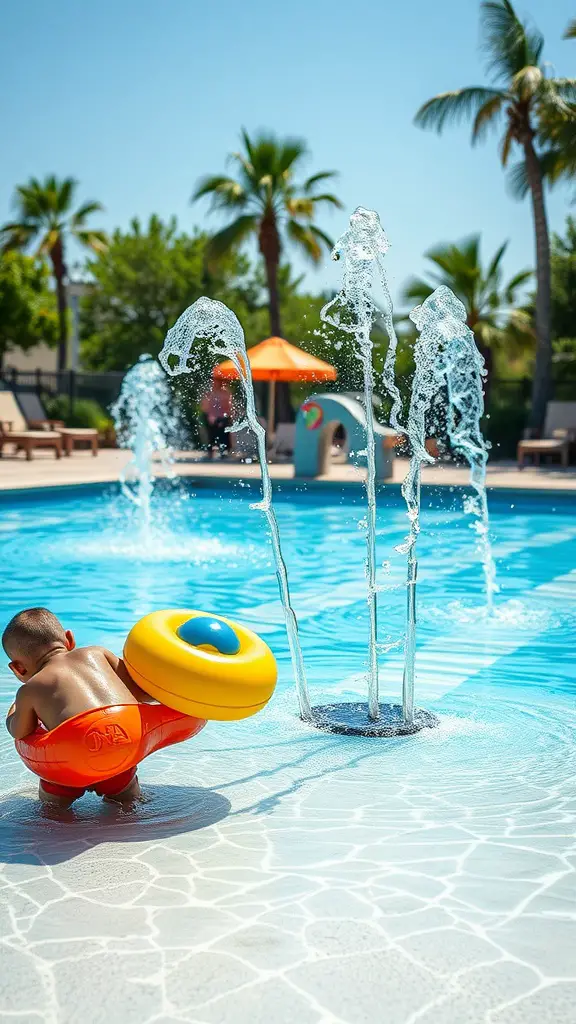 A child playing in a pool with water jets, wearing an inflatable ring.