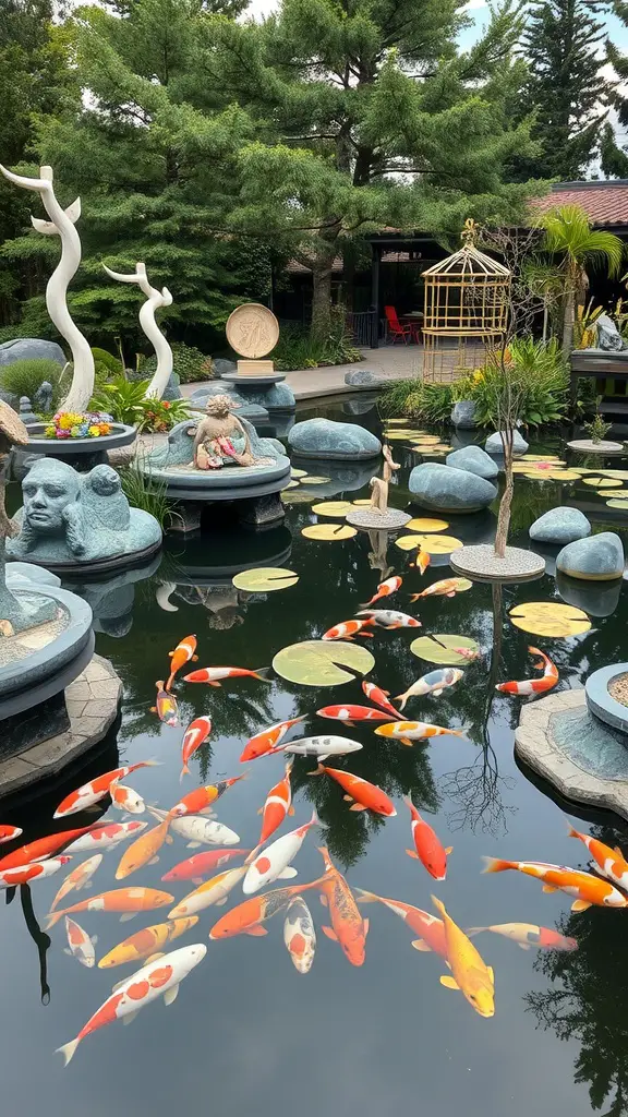 Koi pond featuring artistic sculptures, lily pads, and koi fish swimming.
