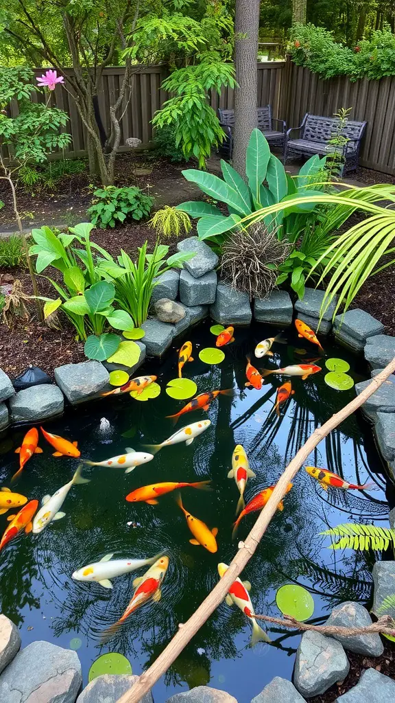 A serene koi pond surrounded by lush greenery, featuring koi fish swimming among lily pads and framed by smooth stones.