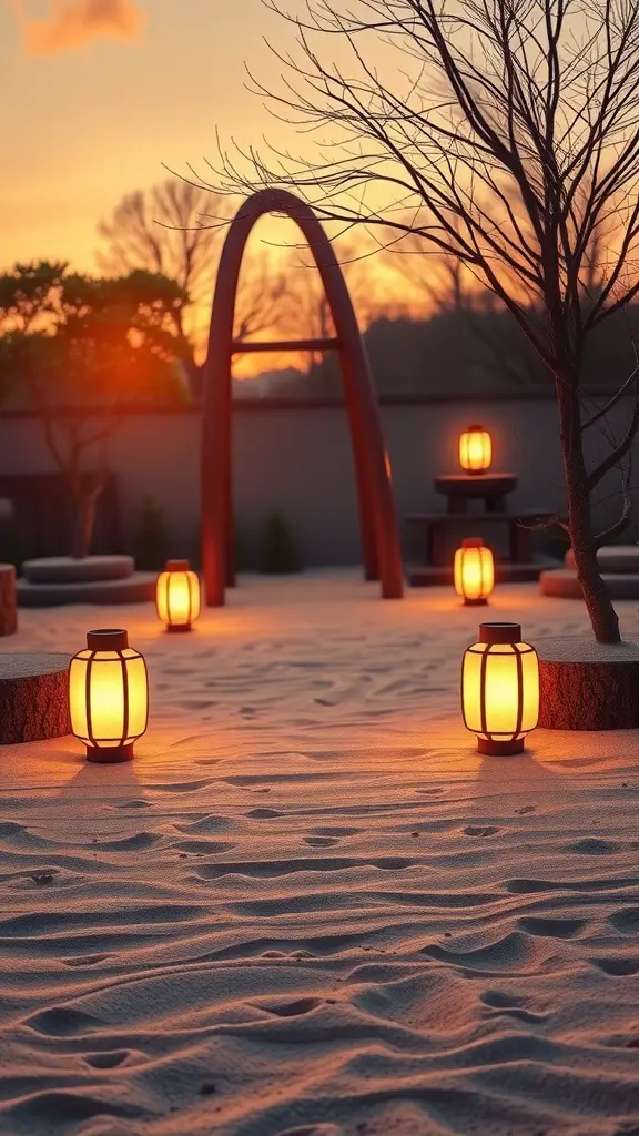 A serene zen garden at sunset, featuring glowing lanterns and natural elements.