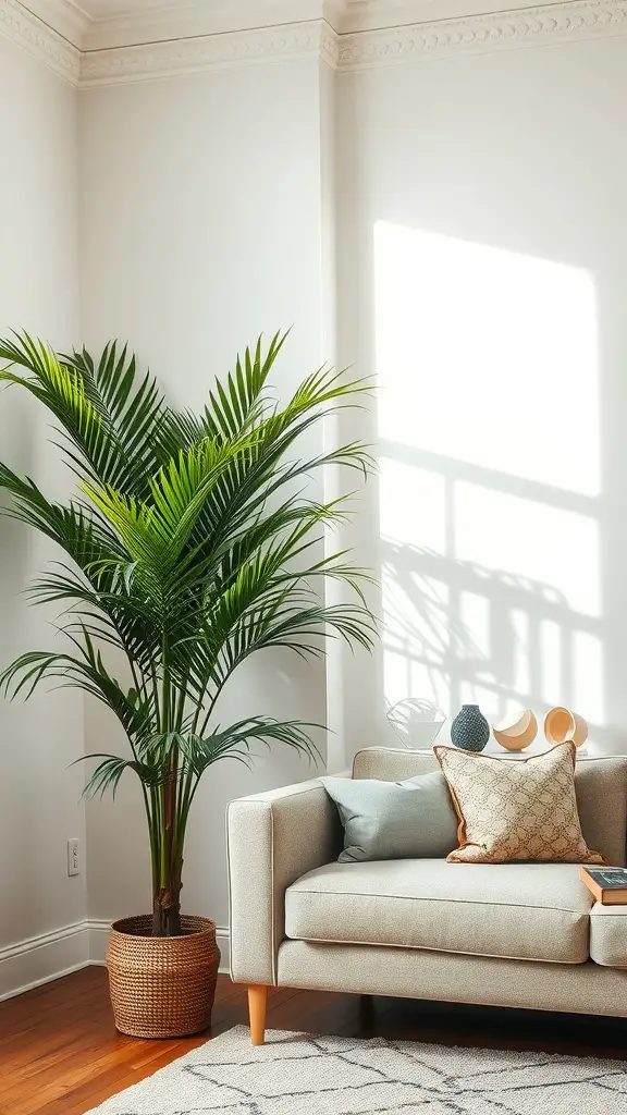 A parlor palm beside a light sofa in a well-lit living room.