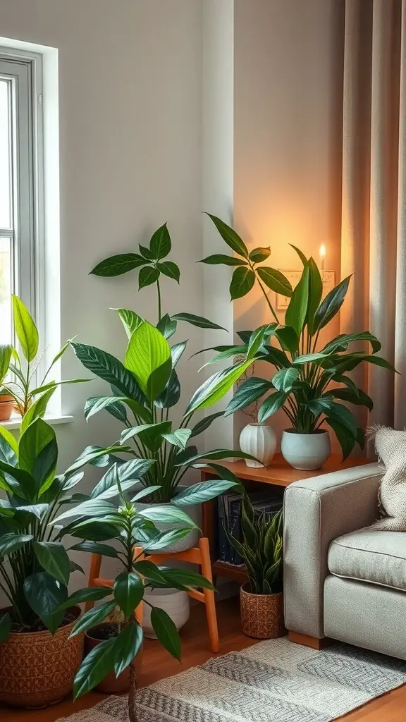 19 Beautiful Indoor House Plant Ideas to Refresh Your Space 7 Indoor space with various low-light tolerant houseplants arranged around a cozy corner with a sofa.