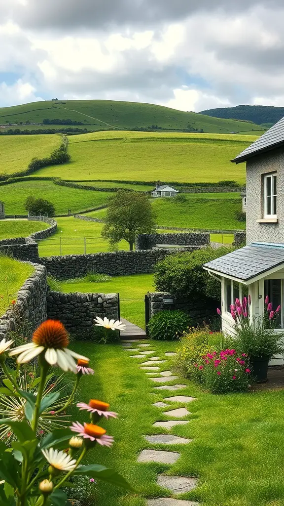 21 Stunning European Backyard Ideas to Transform Your Outdoor Space 13 Scenic view of a lush Irish cottage landscape with a stone pathway, vibrant flowers, and rolling hills in the background.