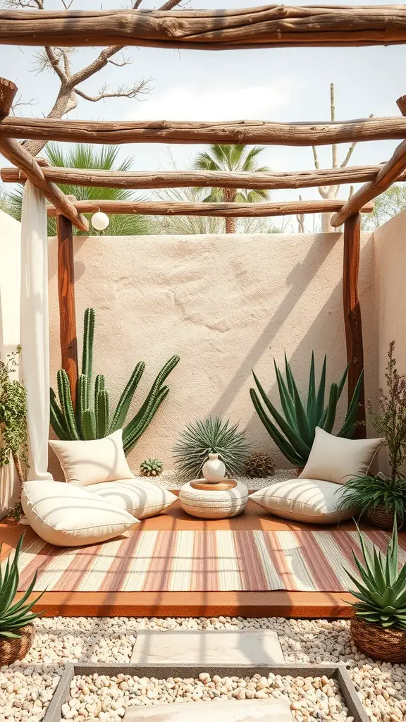 A serene meditation area in a desert backyard featuring plush pillows, cacti, and a cozy atmosphere.