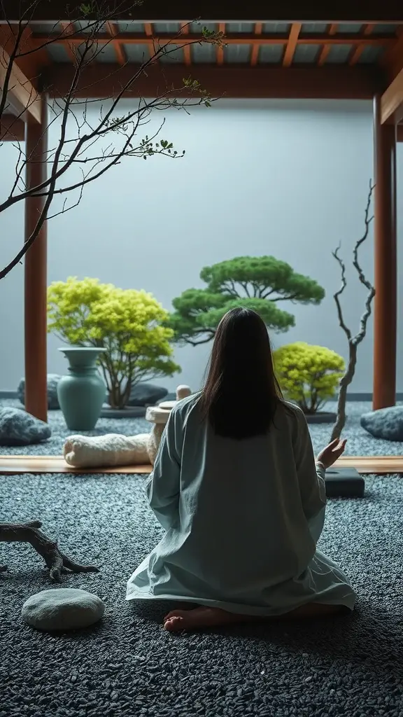 A person meditating in a Zen garden, surrounded by greenery and rocks.