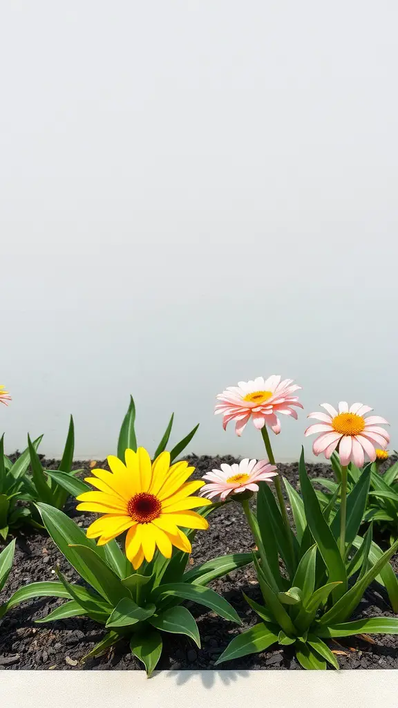 21 Beautiful Small Flower Bed Ideas for a Stunning Garden 11 Minimalist flower bed with yellow and pink flowers against a white wall
