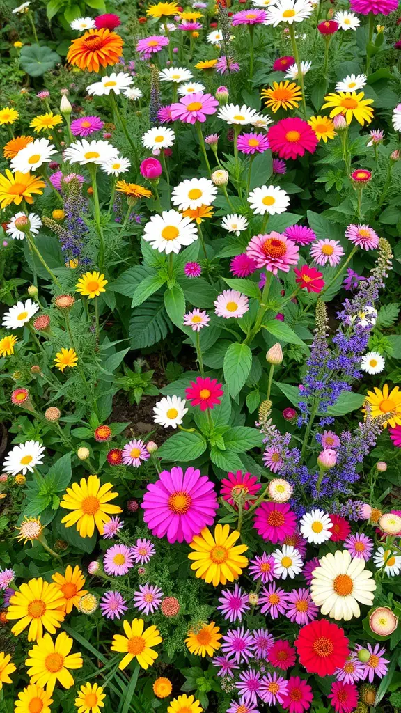 21 Beautiful Small Flower Bed Ideas for a Stunning Garden 16 A colorful mixed flower bed featuring daisies, zinnias, and asters.