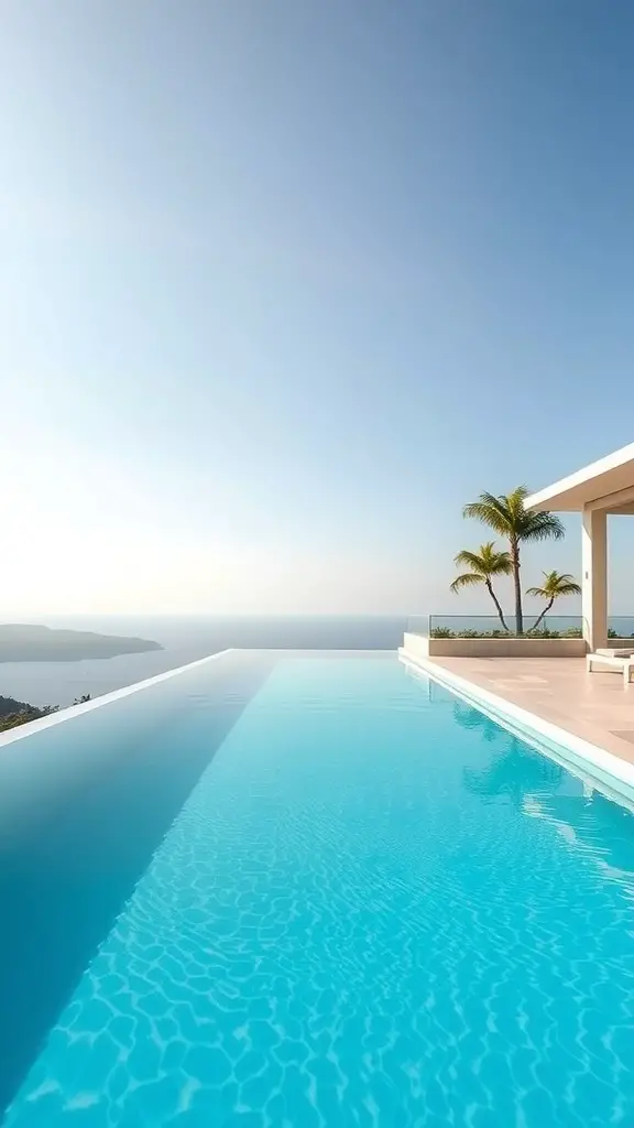 A modern infinity pool overlooking the ocean with clear blue water and a sunny sky