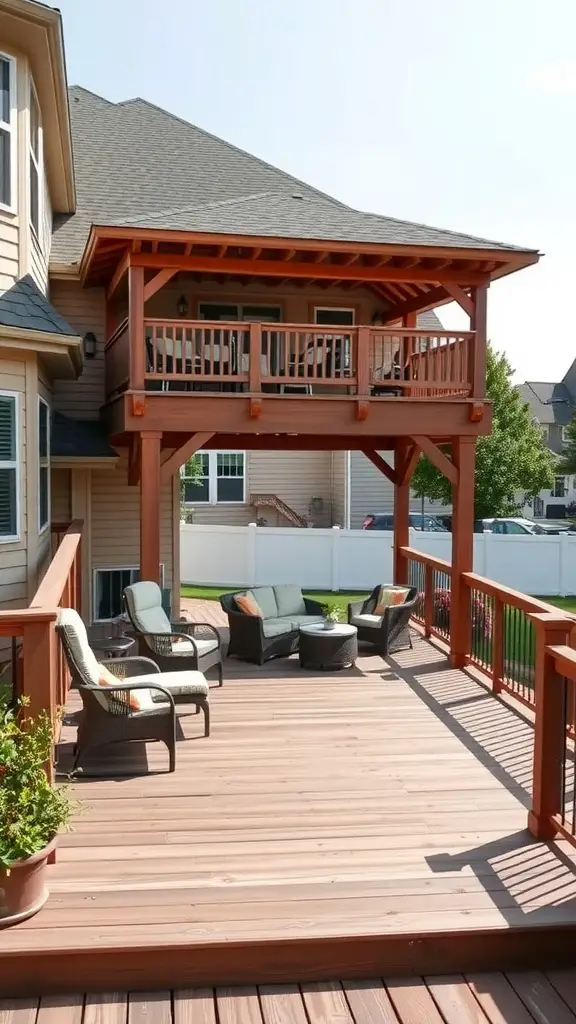 A multi-level deck featuring a grill gazebo, comfortable seating, and a warm wooden finish.