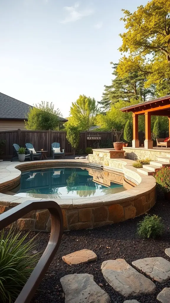 A backyard pool with natural stone surrounds, featuring a cozy patio area and lush greenery.