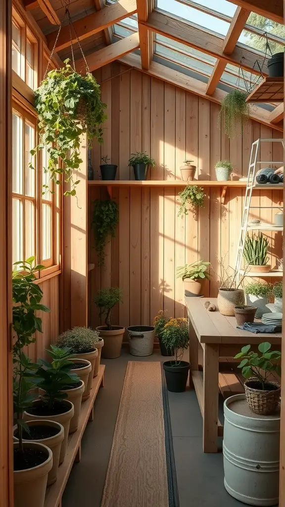Interior of a potting shed featuring natural wood accents, plants, and a wooden table