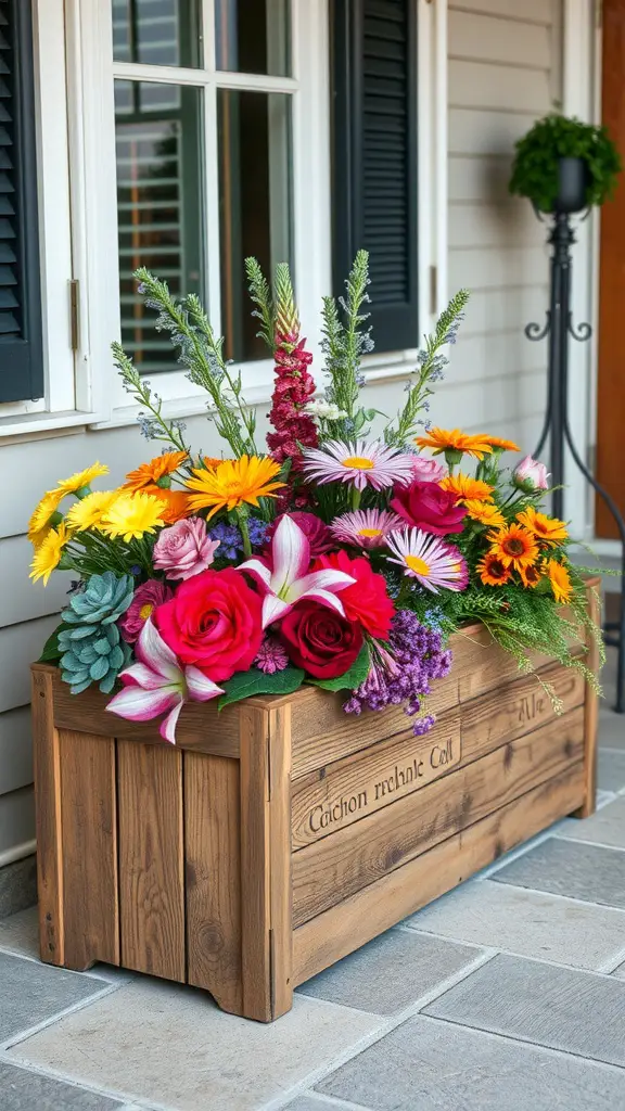 Natural wood box filled with colorful mixed flowers