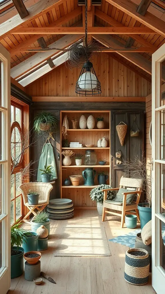 A cozy potting shed interior with wooden beams, plants, and natural decor