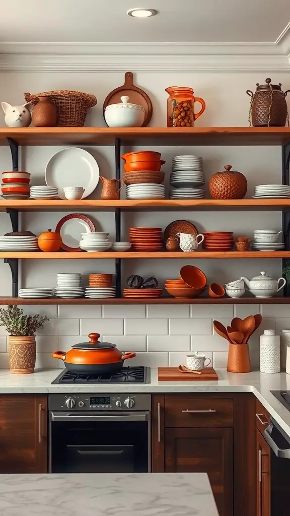 A warm kitchen with open shelving displaying orange and white dishes, decorative items, and cooking utensils.