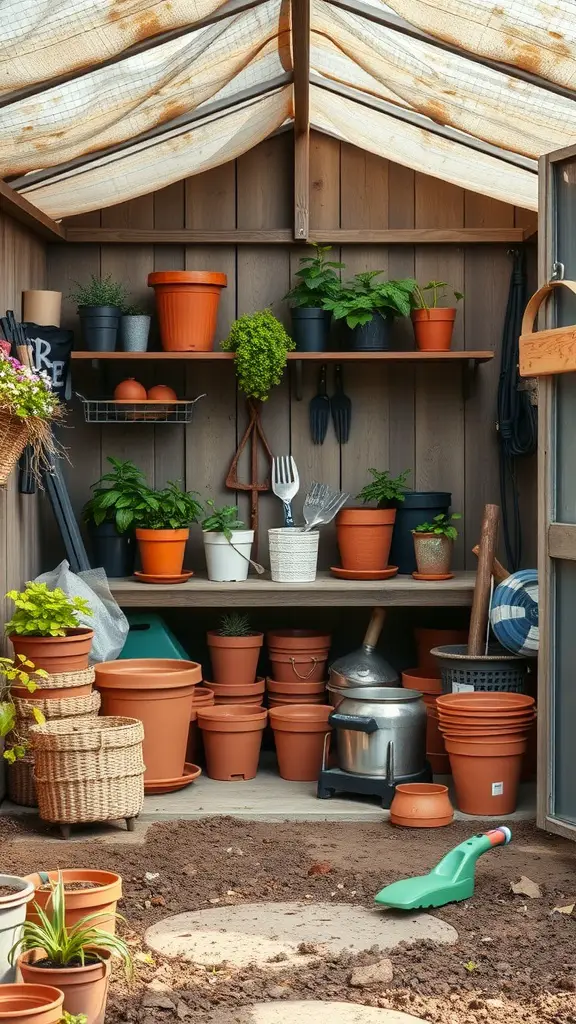 An organized potting shed interior with wooden shelves filled with various pots and green plants, featuring a workbench with gardening tools.