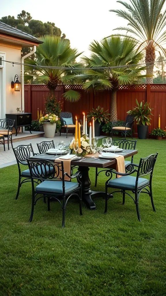 Outdoor dining area on grass with a table and chairs, surrounded by greenery and string lights.