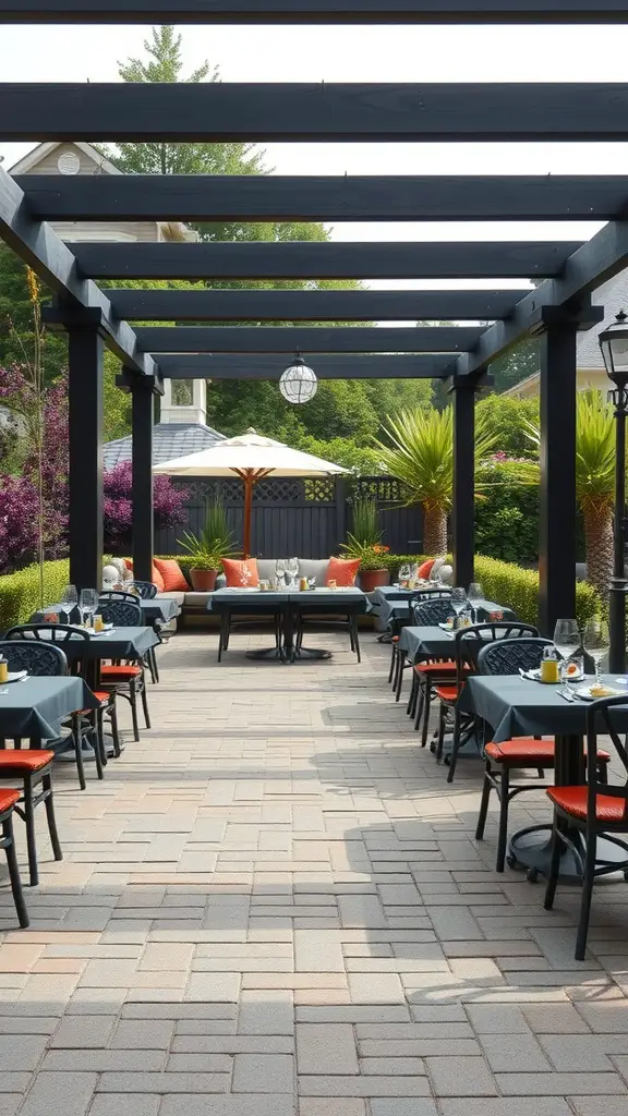 An outdoor dining area with tables set on pavers, featuring a pergola and lush greenery.