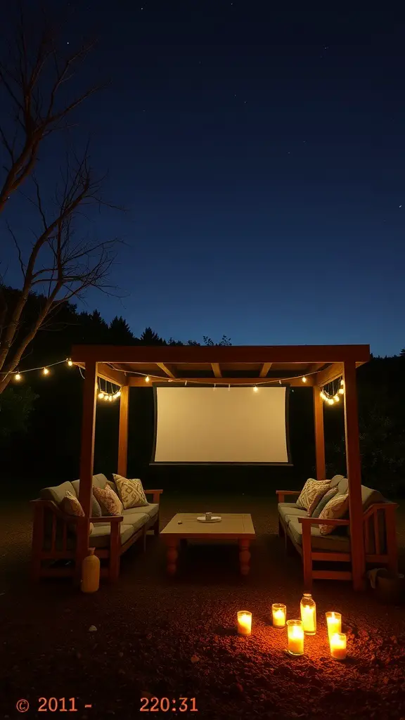 Cozy outdoor movie pavilion with a large screen, comfortable seating, and ambient lighting