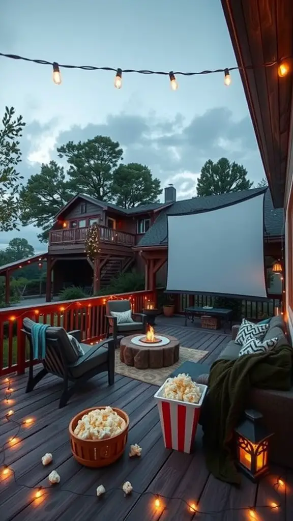 A cozy outdoor movie setup featuring a projector, comfortable seating, popcorn, and string lights.