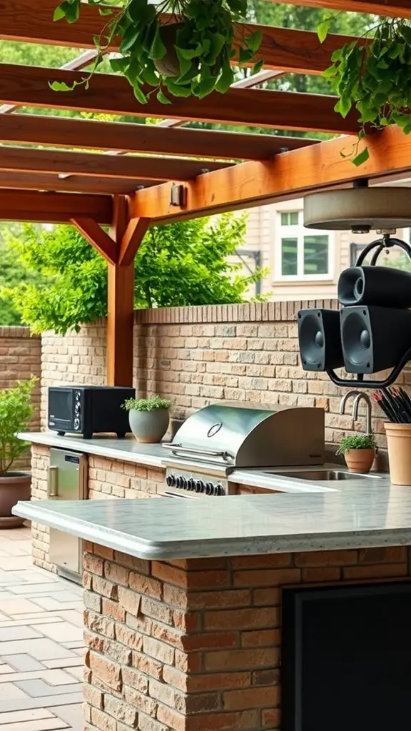 An outdoor kitchen setup featuring a sound system, grill, and plants.