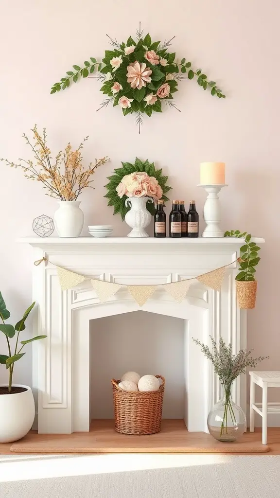 21 Stunning Summer Mantle Decor Ideas for a Bright and Breezy Look 16 A beautifully decorated mantle with pastel colors, floral arrangements, and cozy decor elements.