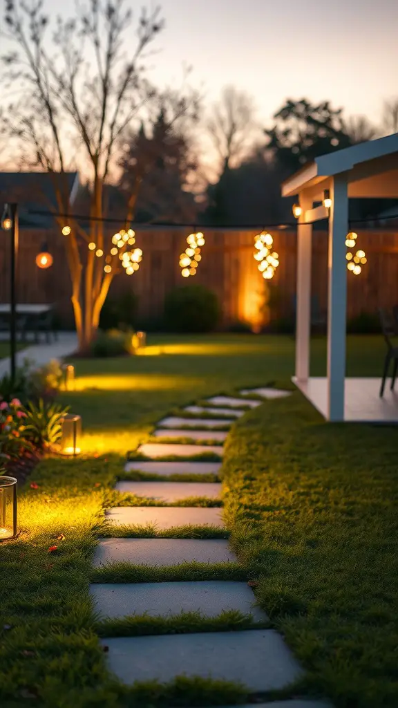 A stone pathway illuminated by lanterns on a grassy patio during sunset.