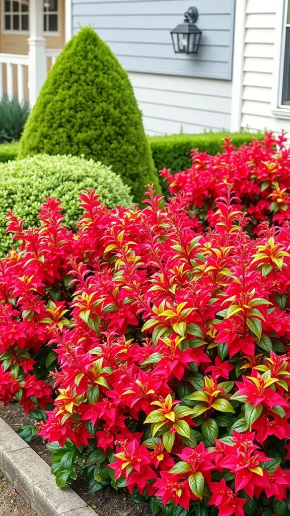 41 Fast Growing Privacy Shrubs for a Lush Backyard Retreat 10 A vibrant display of Photinia Red Robin shrubs with red and yellow leaves in a landscaped garden.
