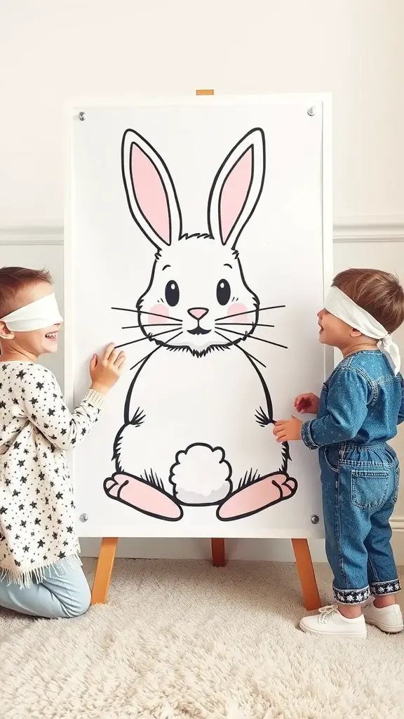 17 Fun Easter Games for Kids and Adults 5 Two children playing Pin the Tail on the Bunny game with blindfolds on, smiling and reaching towards a large bunny illustration.