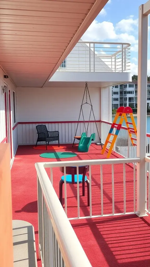 A two-level deck with a dedicated play area for kids featuring colorful play equipment and safety railings.
