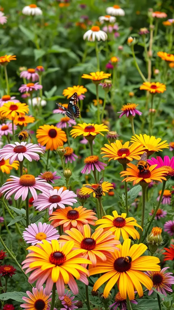A colorful garden filled with daisies and coneflowers, buzzing with bees and butterflies.