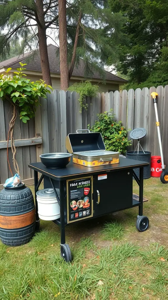 A portable cooking station in a backyard, featuring a grill, bowls, and storage.