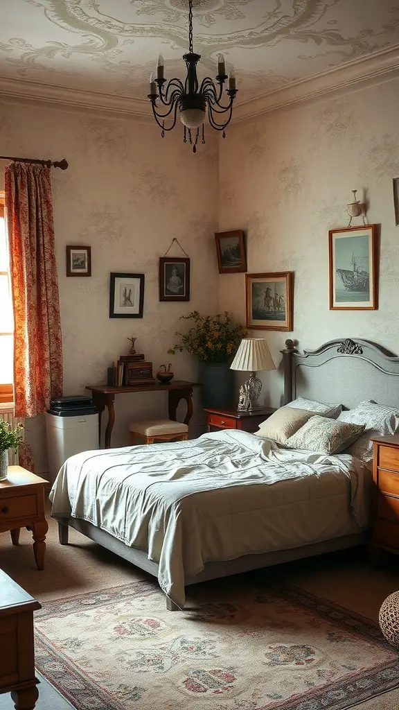 23 Earthy Vintage Bedroom Decor Ideas to Elevate Your Space 26 A vintage bedroom with soft beige walls, a cozy bed, floral accents, and vintage furniture.