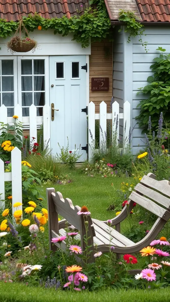 29 Creative Garden Design Ideas to Transform Your Outdoor Space 6 A charming rustic cottage garden with a white picket fence, colorful flowers, and wooden seating.