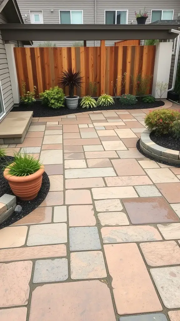 A patio featuring rustic flagstone texture with colorful stamped concrete, surrounded by greenery and wooden fencing.