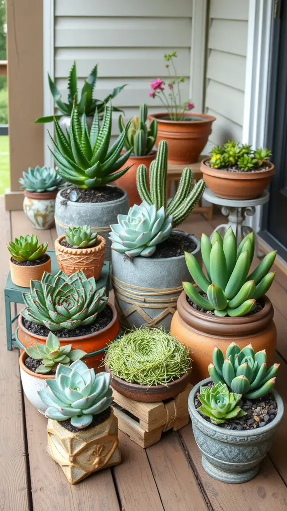 A rustic collection of various succulents in different pots arranged on a porch