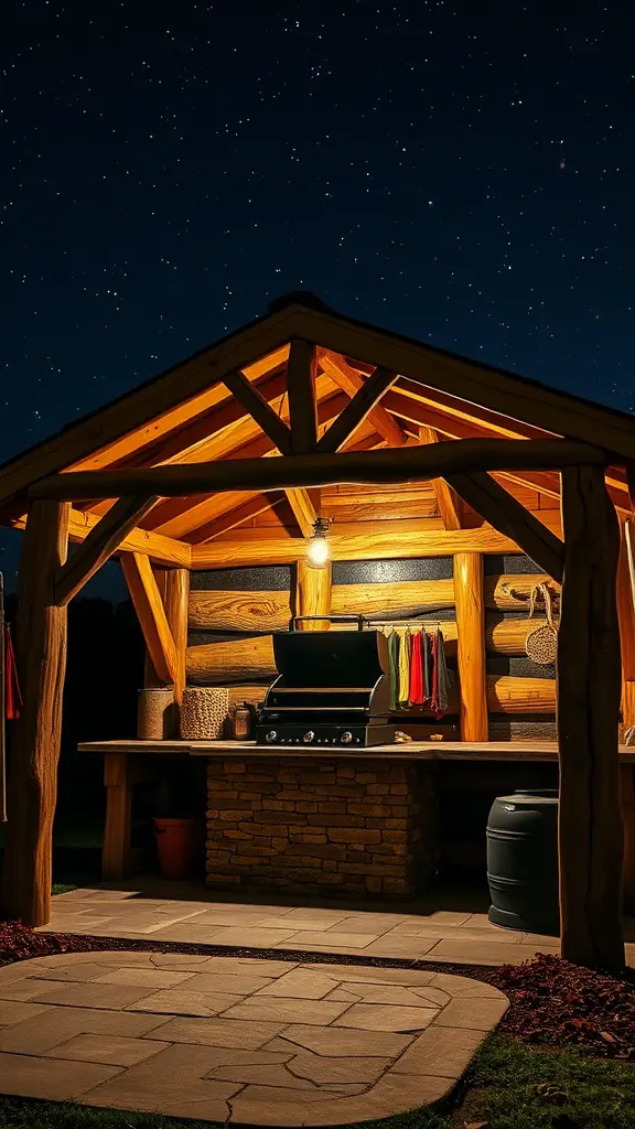 A rustic wooden grill pavilion at night, featuring a grill, stone counter, and illuminated by warm lights under a starry sky.
