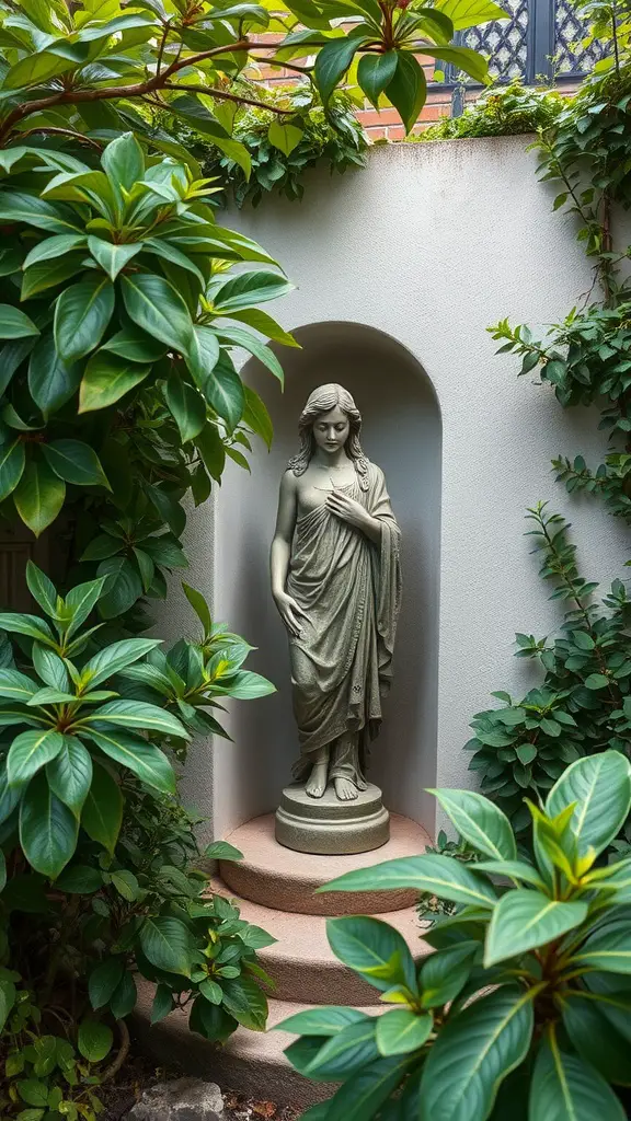 A serene statue surrounded by lush green plants in a garden nook.