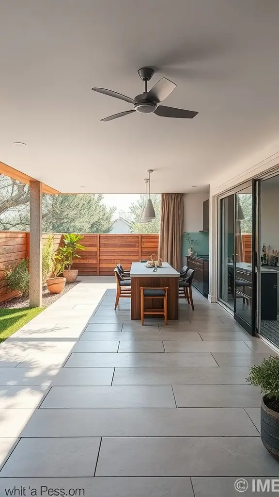 A modern patio with a dining table, sliding glass doors, and a fan, blending indoor and outdoor spaces.