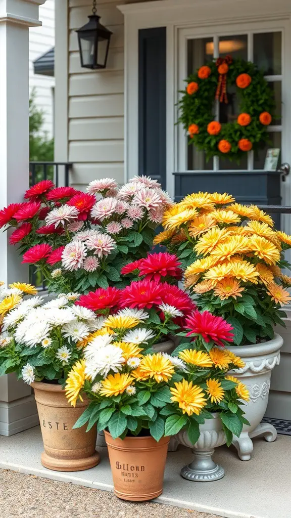 Colorful seasonal chrysanthemums in various pots on a porch with a wreath in the background.