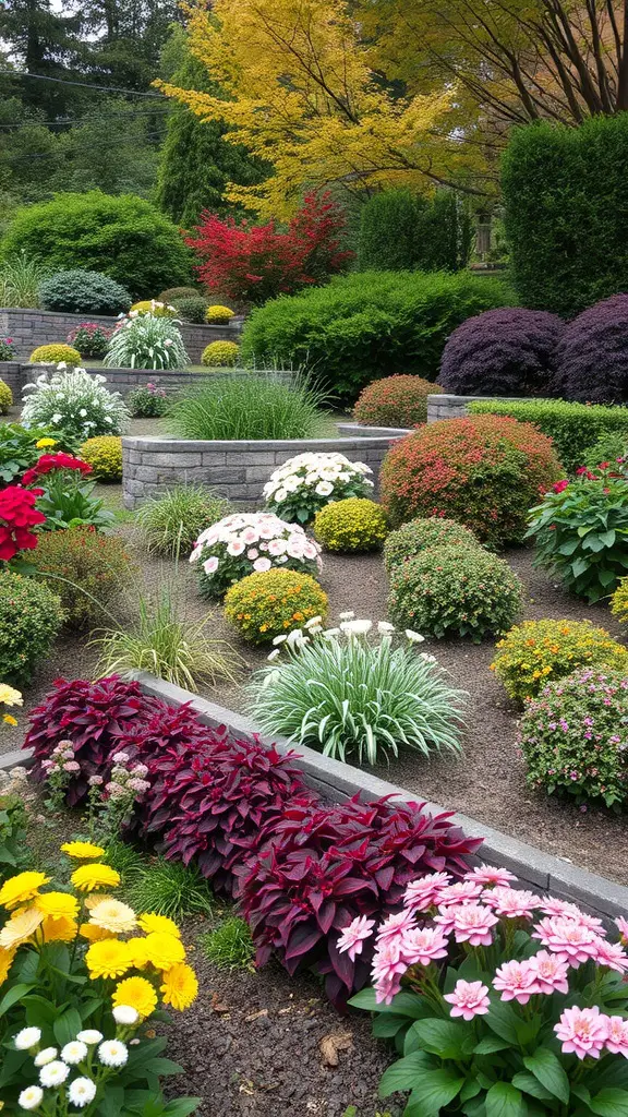21 Creative Ideas for Designing a Sloped Backyard 21 A sloped backyard filled with colorful flowers and lush greenery, showcasing seasonal changes.