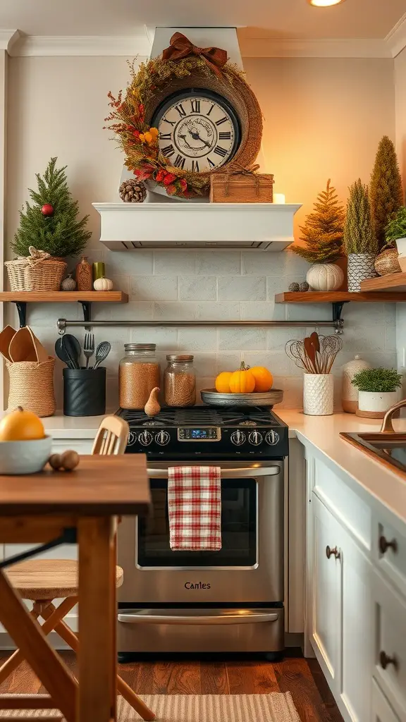 A cozy kitchen decorated for fall with a wreath, small pine trees, and pumpkins.
