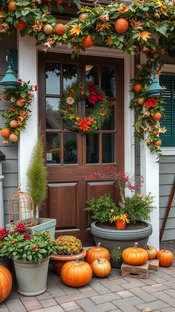 A garden nook with autumn decorations, featuring a wreath on the door, pumpkins, and vibrant potted plants.
