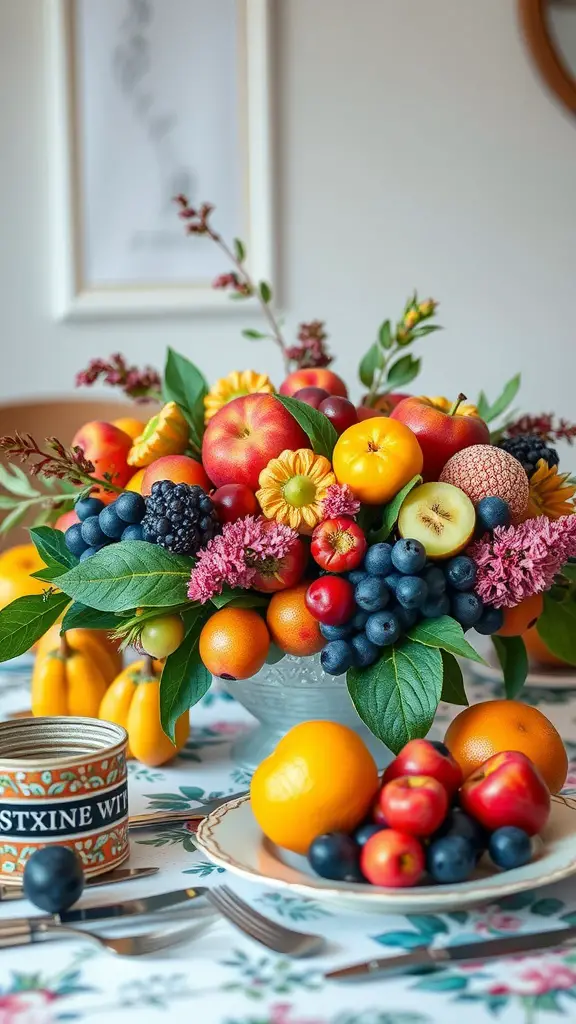 A colorful centerpiece featuring various seasonal fruits like apples, peaches, and berries, arranged with flowers on a dining table.